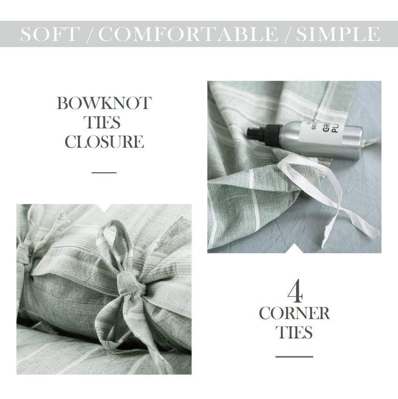 BISELINA Striped Duvet Cover Set 3pcs 100% Washed Cotton Linen Like Textured with Bowknot Bow Ties Strap Reversible Breathable Soft Comfy Chic Yarn Dyed Bedding (Queen, Grayish Green) - Image 3